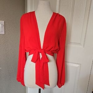 Tie-Front V-Neck Blouse in Red Size M